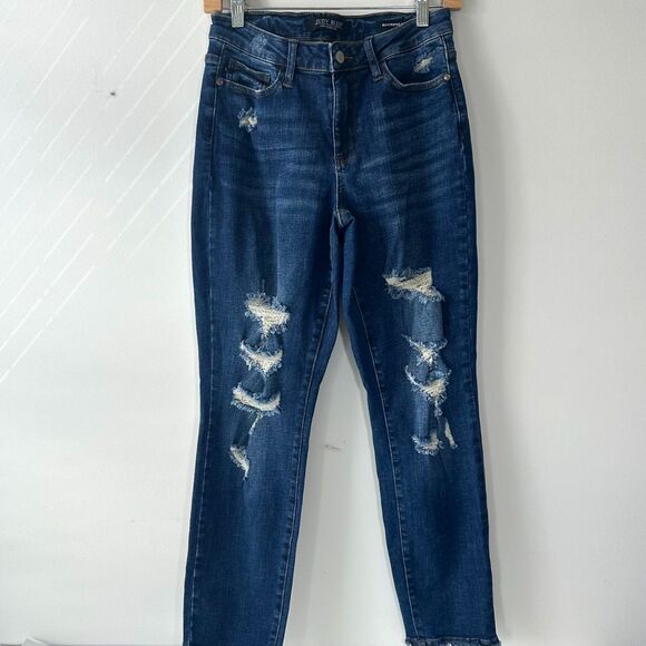 Judy Blue Jeans Women’s 3/26 Distressed Boyfriend Fit Stretch Dark Wash EUC - Picture 1 of 7